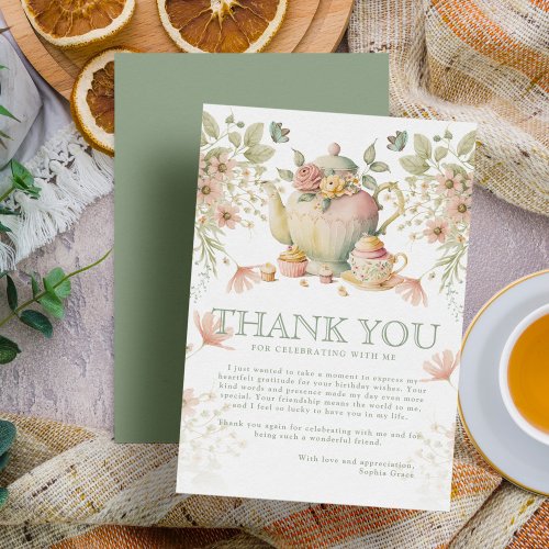 Teapot  Tea Cups Whimsical Wildflowers Birthday Thank You Card