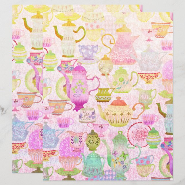 Teapot,teacup and saucers vintage scrapbook paper (Front/Back)