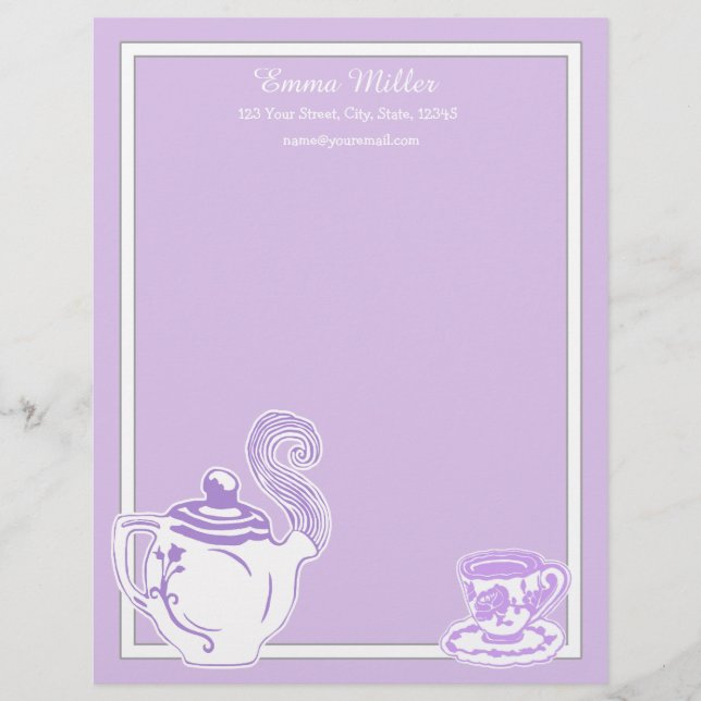 Teapot & Teacup Lavender & White Custom Letterhead (Front)