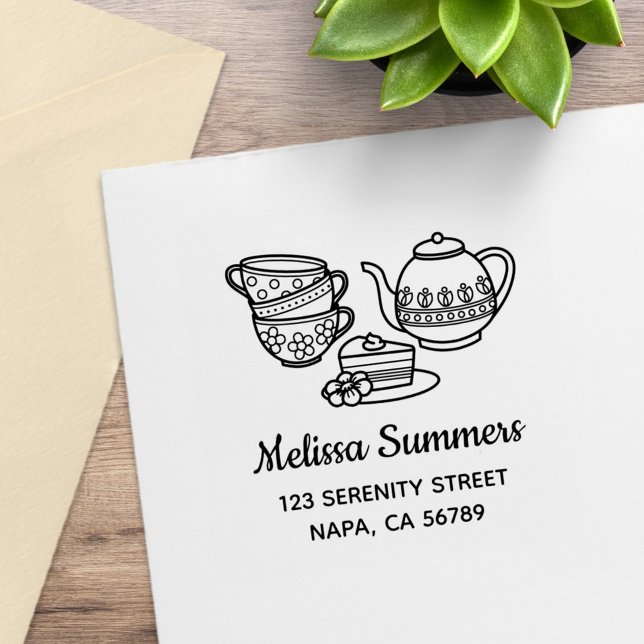 Teapot, Teacups, and Cake Address Rubber Stamp (Creator Uploaded)