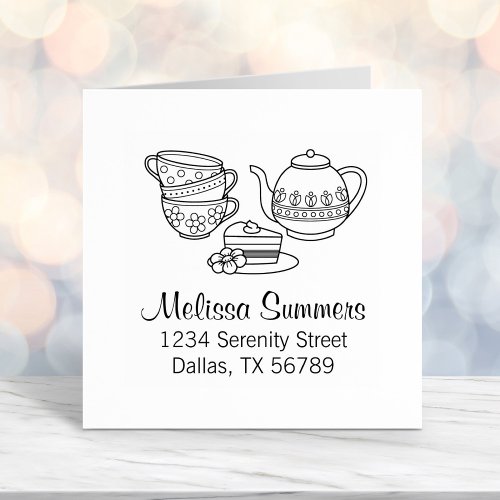 Teapot Teacups and Cake Address Self_inking Stamp