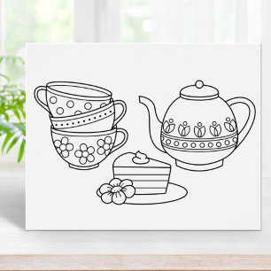 Teapot, Teacups, and Cake Coloring Page Poster