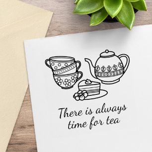 Teapot, Teacups, and Cake Quote Rubber Stamp