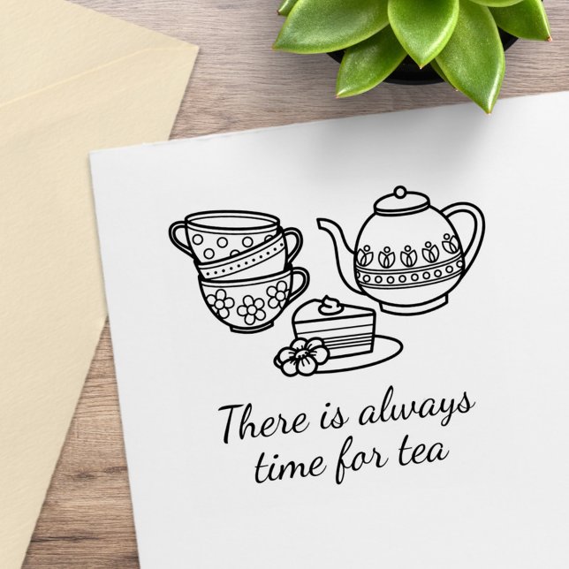 Teapot, Teacups, and Cake Quote Rubber Stamp (Creator Uploaded)