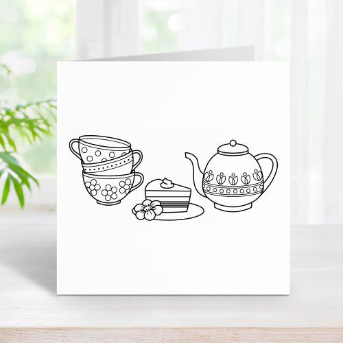 Teapot Teacups and Cake Rubber Stamp