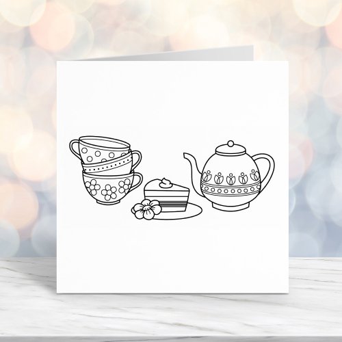 Teapot Teacups and Cake Self_inking Stamp