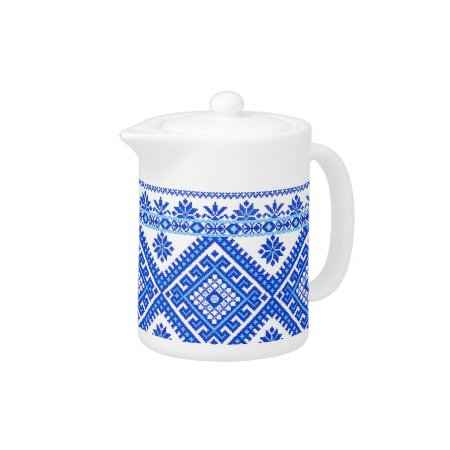 Teapot Ukrainian Cross Stitch Embroidery Blue