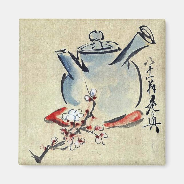 Teapot with cherry or plum blossoms Ukiyoe Magnet (Front)