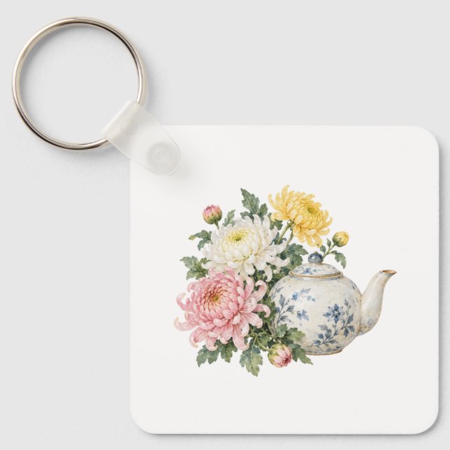 Teapot with Chrysanthemums Keychain (Front)
