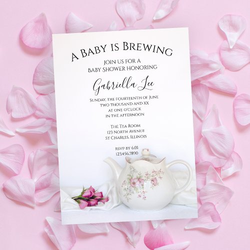 Teapot with Pink Roses Baby is Brewing Shower Invitation