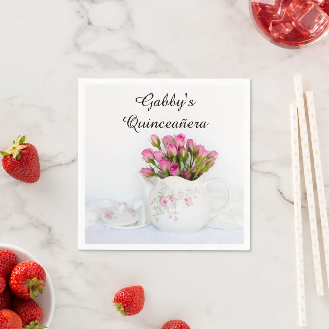 Teapot with Pink Roses Quinceañera Napkins (Insitu)
