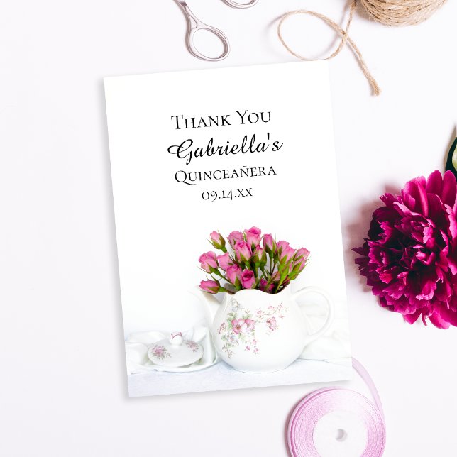Teapot with Pink Roses Quinceanera Thank You Card (Creator Uploaded)