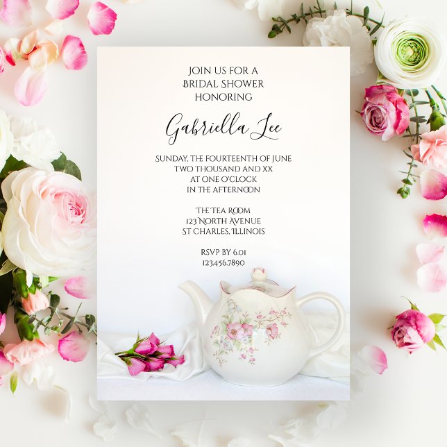 Teapot with Pink Roses Tea Party Bridal Shower Invitation (Creator Uploaded)