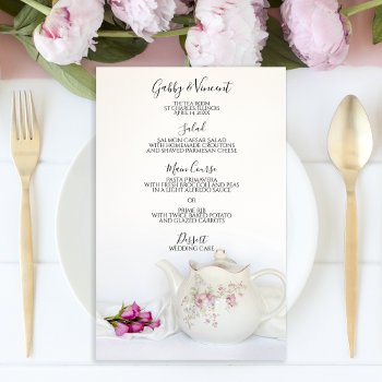 Teapot With Pink Roses Tea Party Wedding Menu by loraseverson at Zazzle