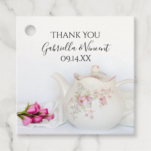 Teapot with Pink Roses Wedding Favor Tags