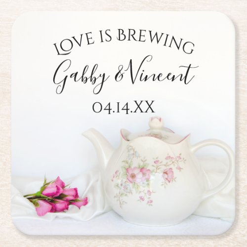 Teapot with Pink Roses Wedding Love is Brewing Square Paper Coaster