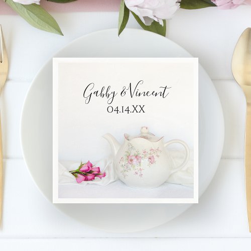 Teapot with Pink Roses Wedding Napkins
