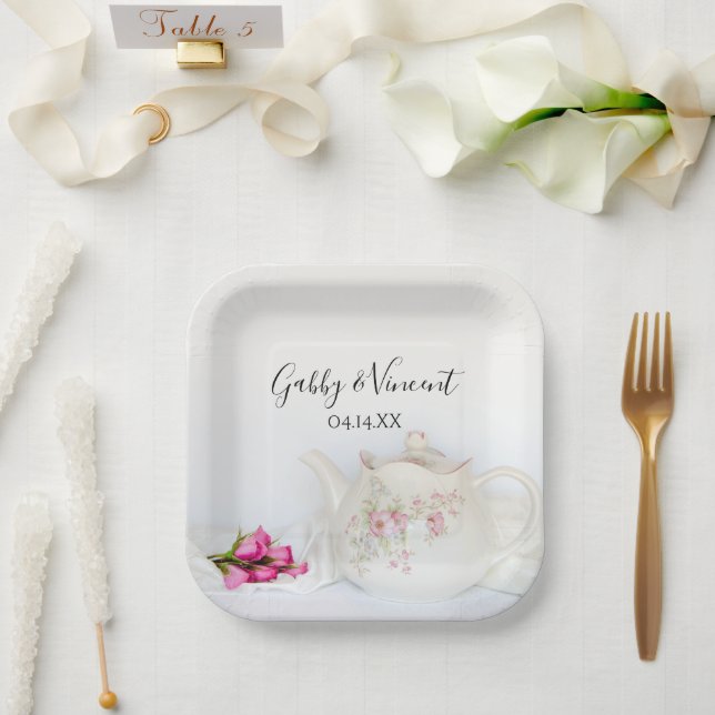 Teapot with Pink Roses Wedding Paper Plates (Wedding)