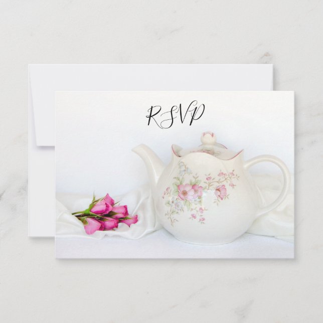 Teapot with Pink Roses Wedding RSVP Reply Card (Front)