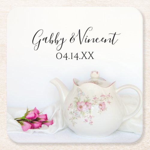 Teapot with Pink Roses Wedding Square Paper Coaster