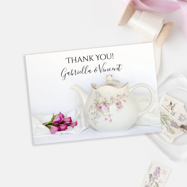 Teapot with Pink Roses Wedding Thank You Note Card (Creator Uploaded)