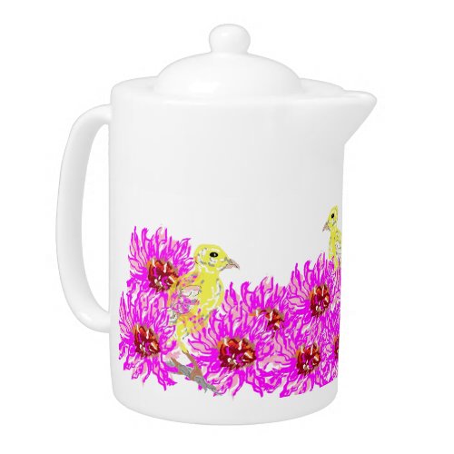 Teapot  Yellow Canaries Within Pink Daisies