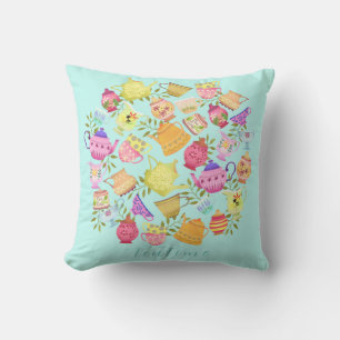 Teapots and Cups Aqua Throw Pillow
