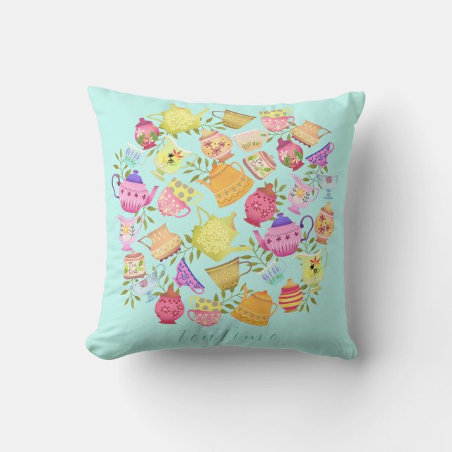 Teapots and Cups Aqua Throw Pillow (Front)