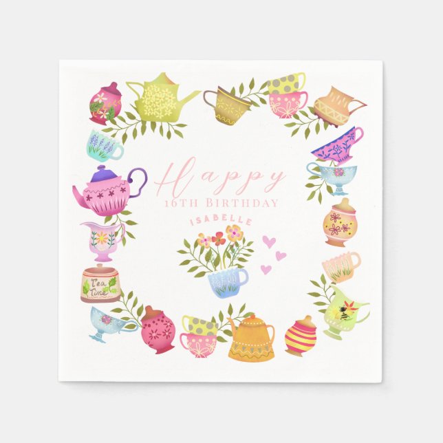 Teapots and Cups  Birthday Napkins (Front)