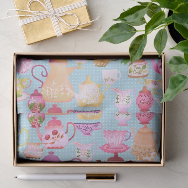 Teapots and Cups Blue  Tissue Paper (Gift)