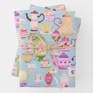 Teapots and Cups Blue  Wrapping Paper Sheets