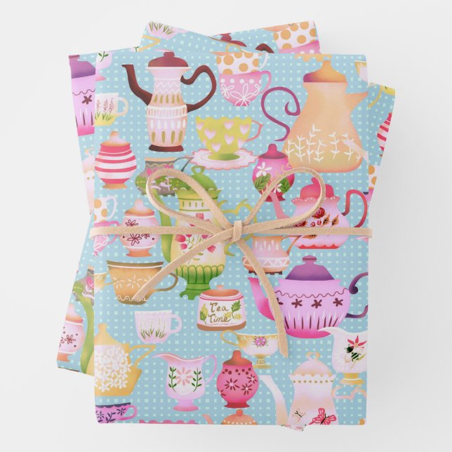 Teapots and Cups Blue  Wrapping Paper Sheets (In situ)