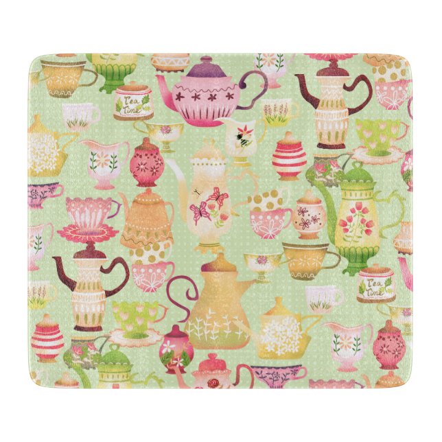 Teapots and Cups Green Cutting Board (Front)