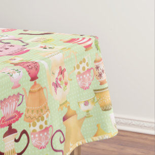 Teapots and Cups Green Tablecloth