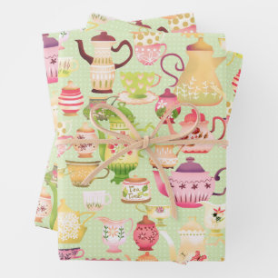 Teapots and Cups Green Wrapping Paper Sheets