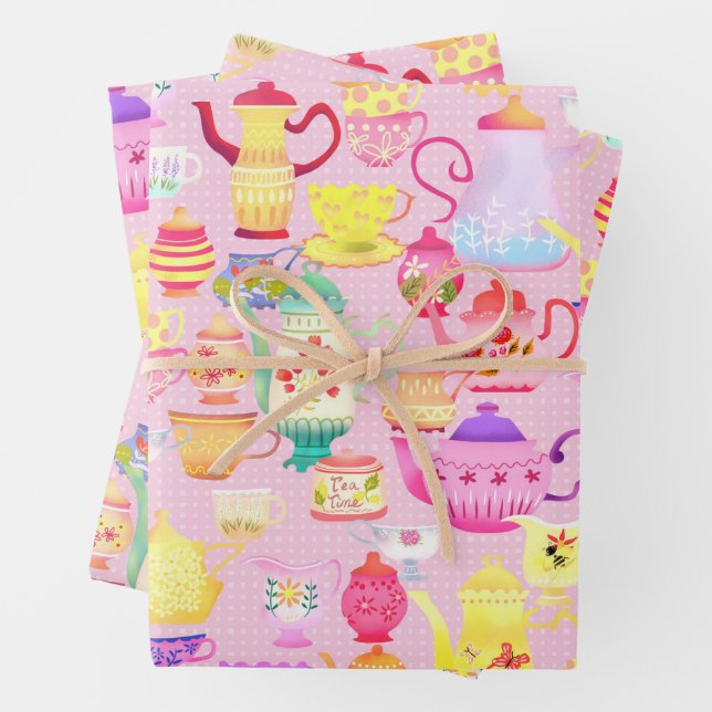 Teapots and Cups Pink  Wrapping Paper Sheets (In situ)