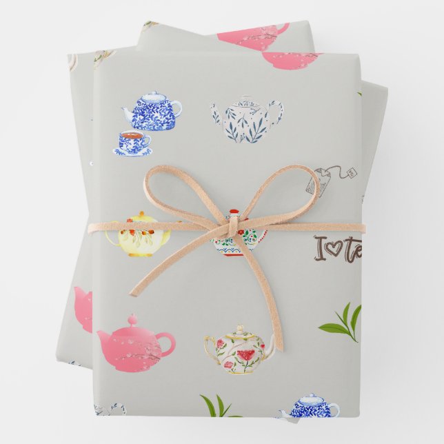 Teapots and Green Tea Leaves Tea Lover  Wrapping Paper Sheets (In situ)