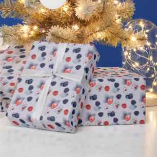 Teapots, Cups, Colorful Berries On Light Purple Wrapping Paper