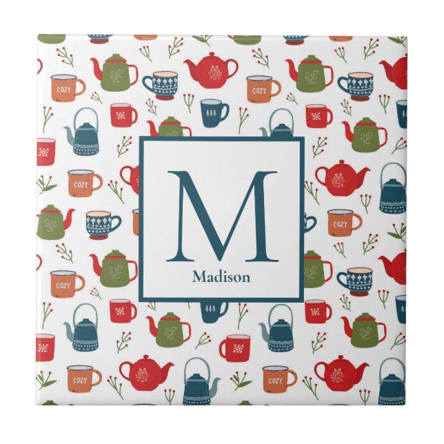 Teapots Mugs Berries Pattern Monogram Christmas Ceramic Tile (Front)