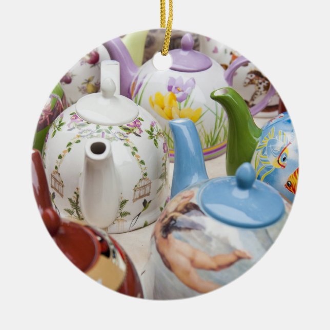 Teapots on sale in Leipzig, Germany Ceramic Ornament (Front)