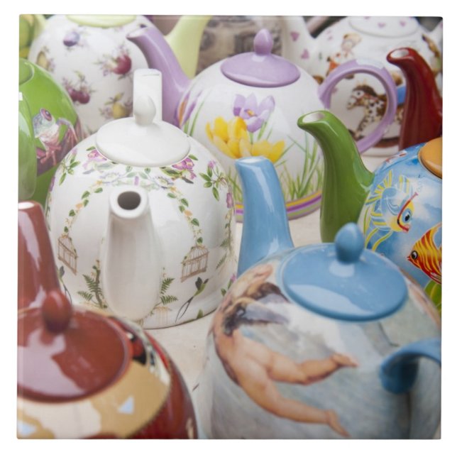 Teapots on sale in Leipzig, Germany Ceramic Tile (Front)