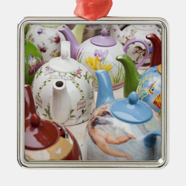Teapots on sale in Leipzig, Germany Metal Ornament (Front)