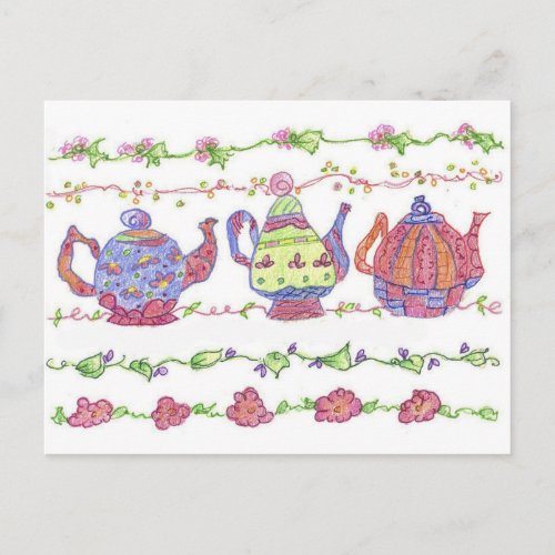 Teapots Tea Time Flowers Orange Postcard