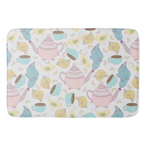 Teapots Teacups and Birds Whimsical Pastel Pattern Bath Mat