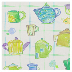 Teapots Teacups Watercolor Flowers Fabric