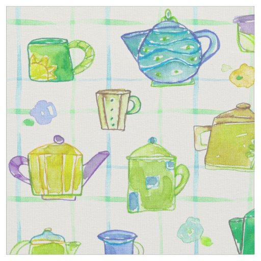 Teapots Teacups Watercolor Flowers Fabric