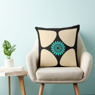 Tear Drop Flower Cream Turquoise Black Graphic Throw Pillow