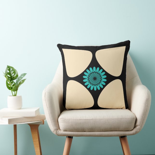 Tear Drop Flower Cream Turquoise Black Graphic Throw Pillow (Chair)