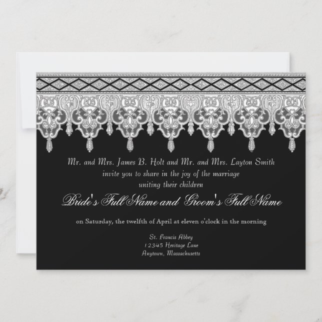 Tear Drop Lace, Black, Grey & White Wedding Invite (Front)