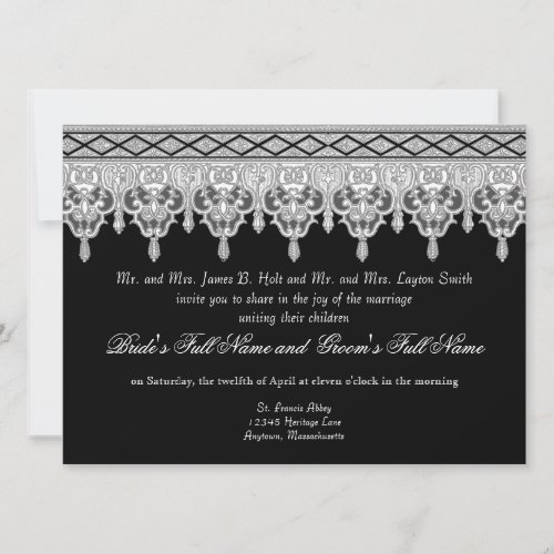 Tear Drop Lace Black Grey  White Wedding Invite